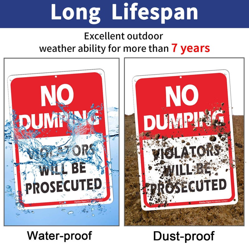 Faittoo (2 Pack) No Dumping Sign, Violators Will Be Prosecuted Sign, 10" x 7" Rust Free .40 Aluminum, UV Protected, Weather Resistant, Waterproof, Durable Inkï¼ŒEasy to Mount Red/Black on White - Image 4